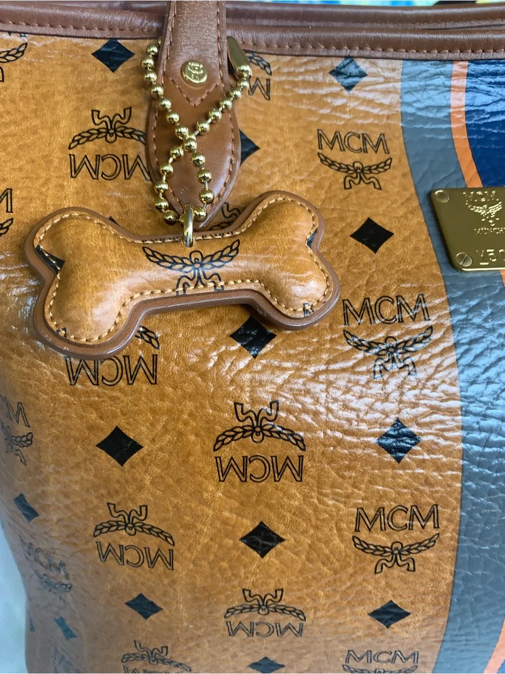 MCM Cognac Visetos Tote with Navy and Orange Center Stripe with Bone. EUC - Picture 10 of 16